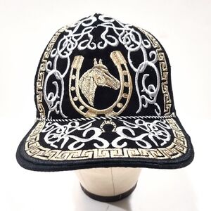 Mexican Charro Trucker Hat Horse Horseshoe Metallic Embroidery Black Mesh Snap